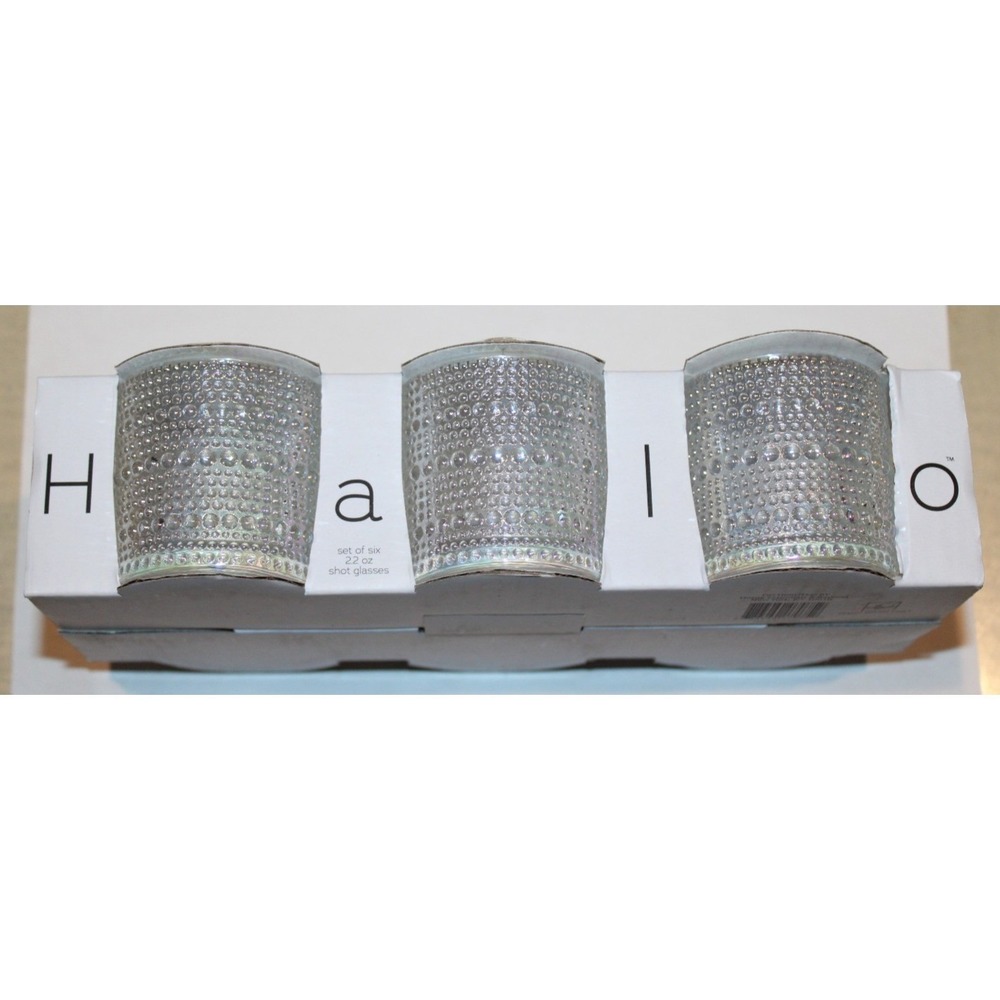 Halo set of six hobnail shot glasses 2.2 oz irridescent textured glass NIP